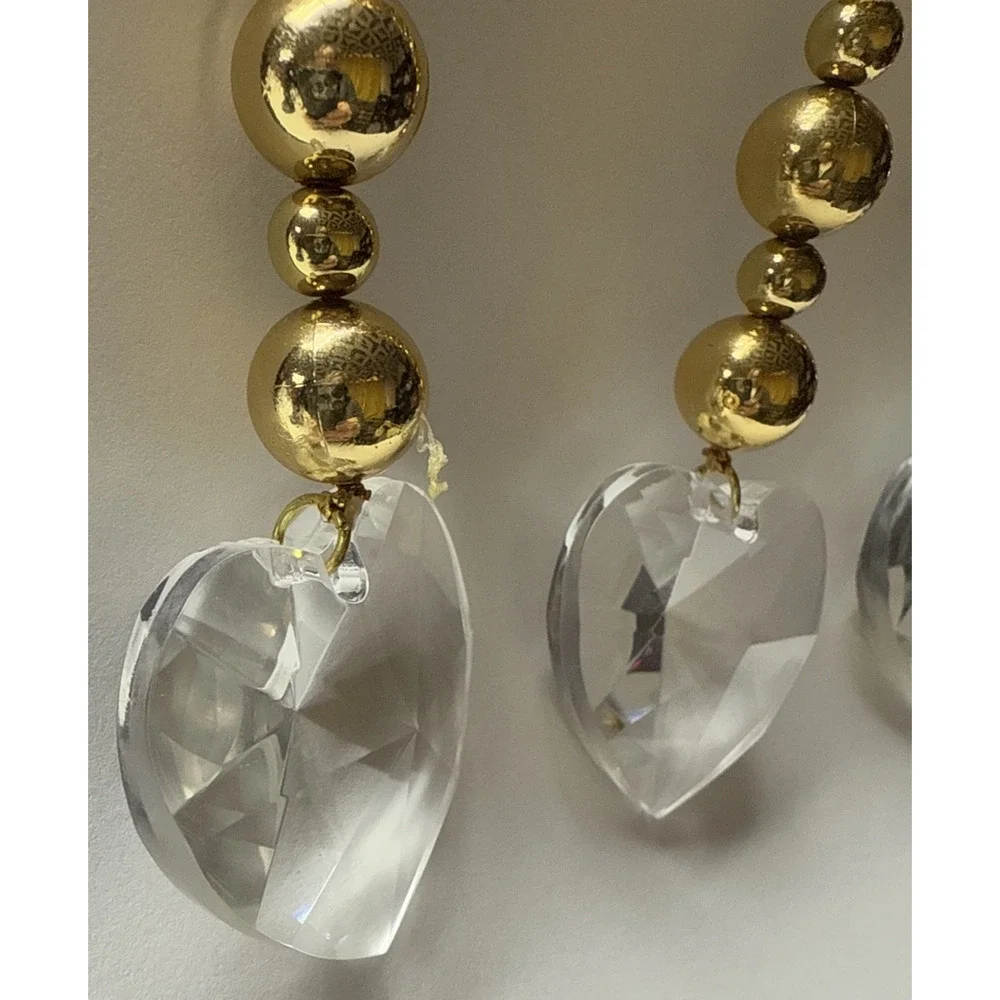 Vtg Lot of 4 Heart Plastic Acrylic Faceted Ornaments Gold Bead Suncatcher As Is
